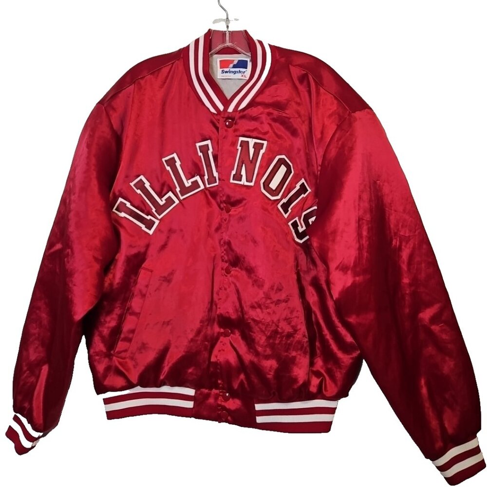 Vtg Swingster Illinois Fighting Illini Satin Jacket Sz XL Red Bomber Made in USA